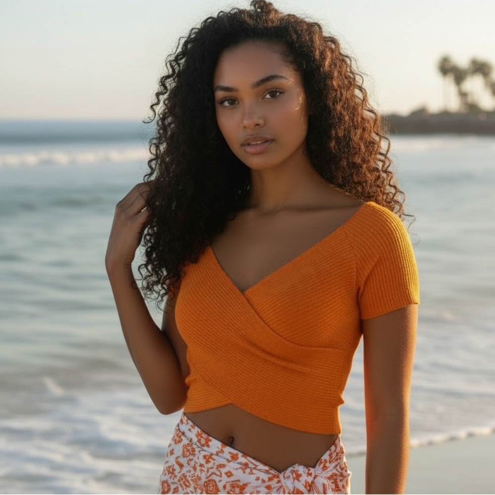 b SYNDNEY LOS ANGELES ORANGE CROSSOVER CROP TOP RIB KNIT BEACH RESORTWEAR SIZE M